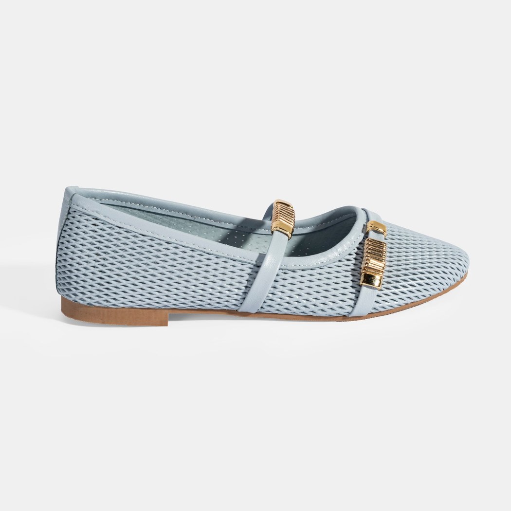 Kadın Mavi Metal Toka Aksesuarlı Deri Babet