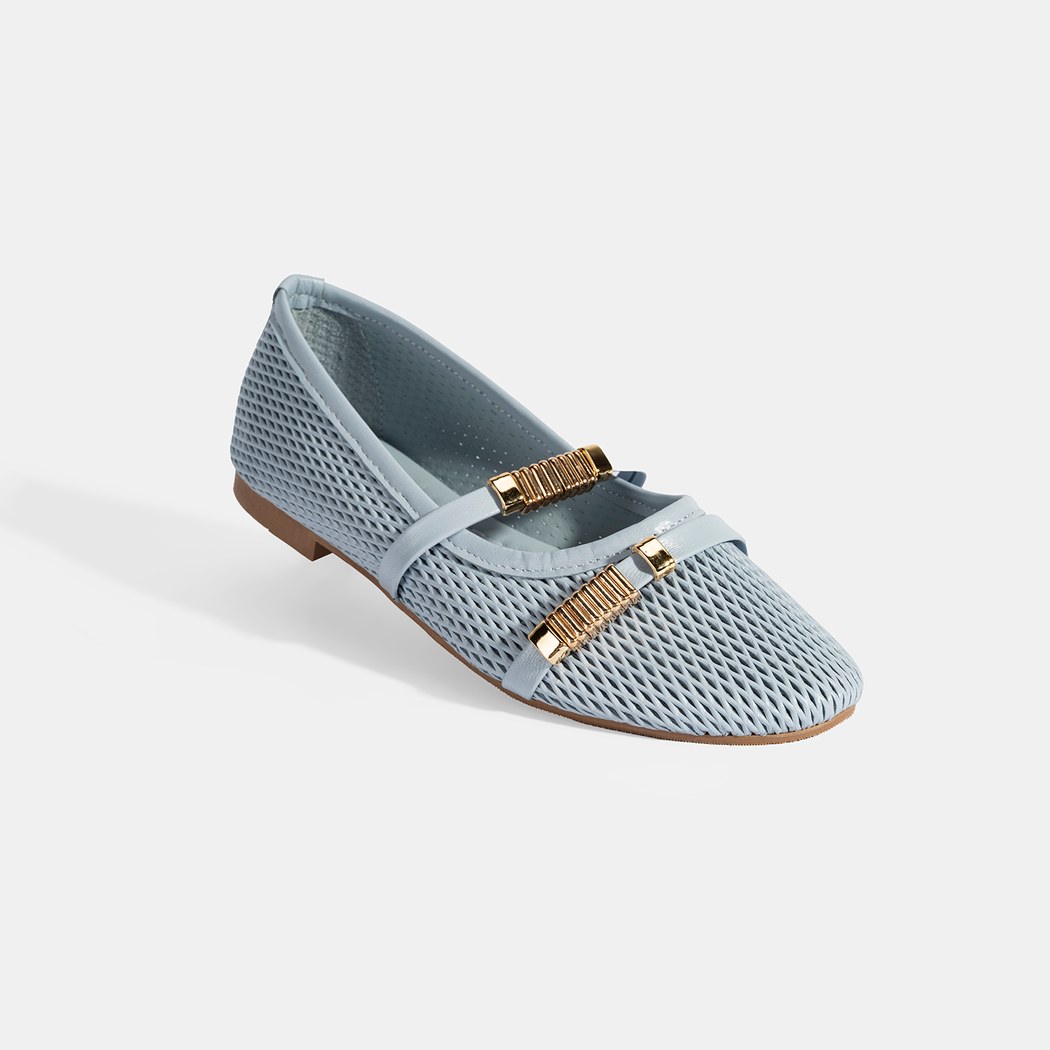 Kadın Mavi Metal Toka Aksesuarlı Deri Babet