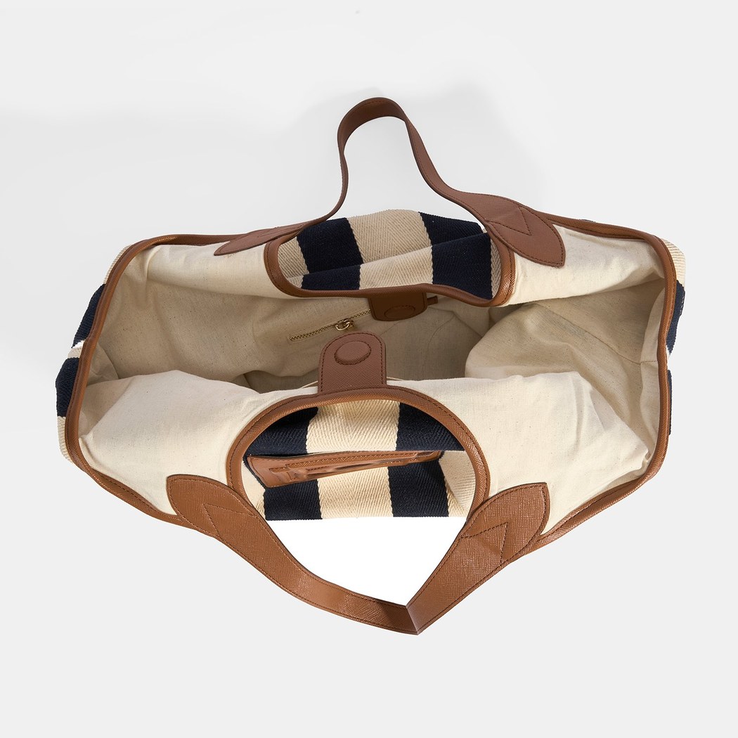 Kadın Monogram Logolu Lacivert Çizgili Kumaş Omuz Çantası