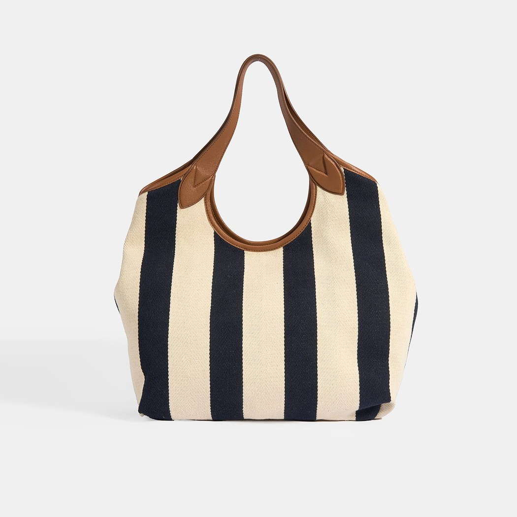 Kadın Monogram Logolu Lacivert Çizgili Kumaş Omuz Çantası