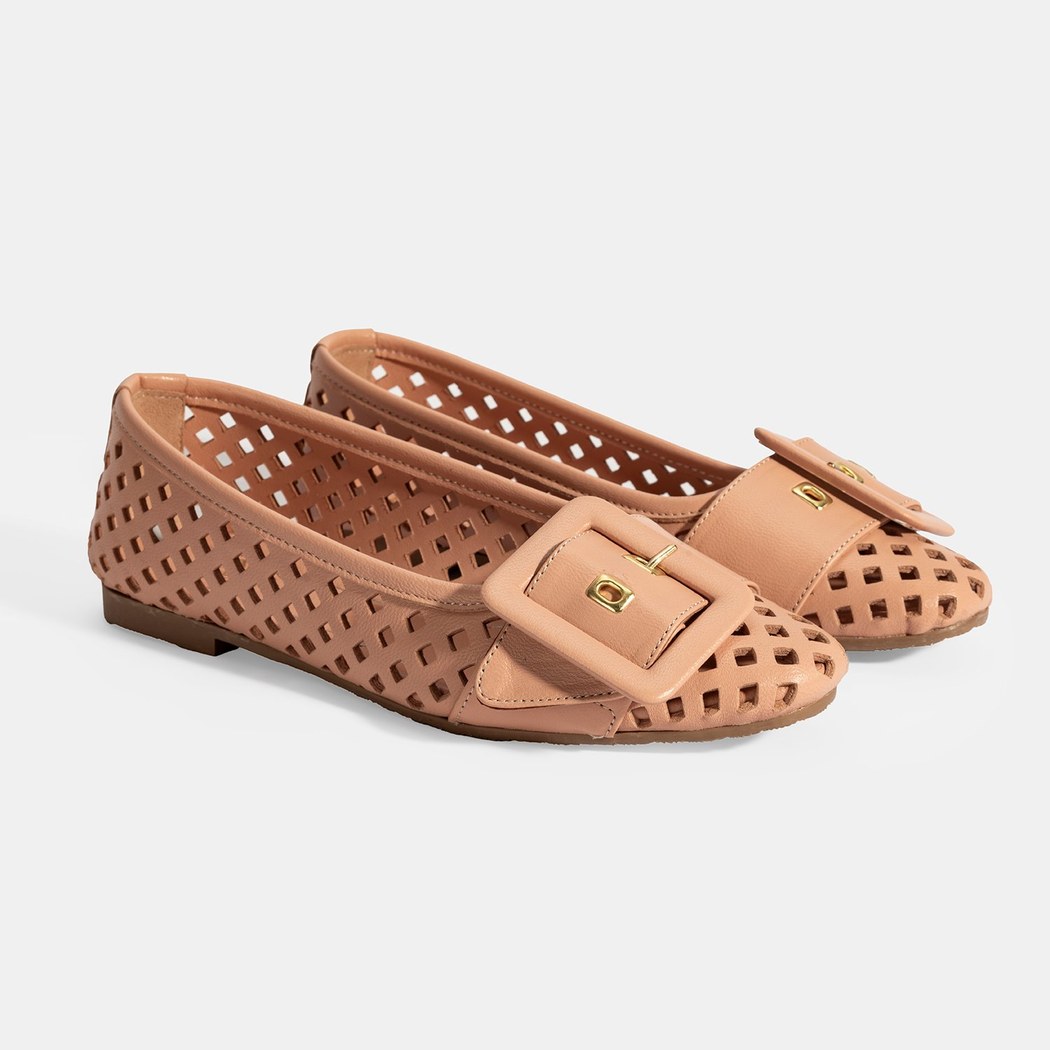 Kadın Pembe Toka Aksesuarlı Perforeli Deri Babet