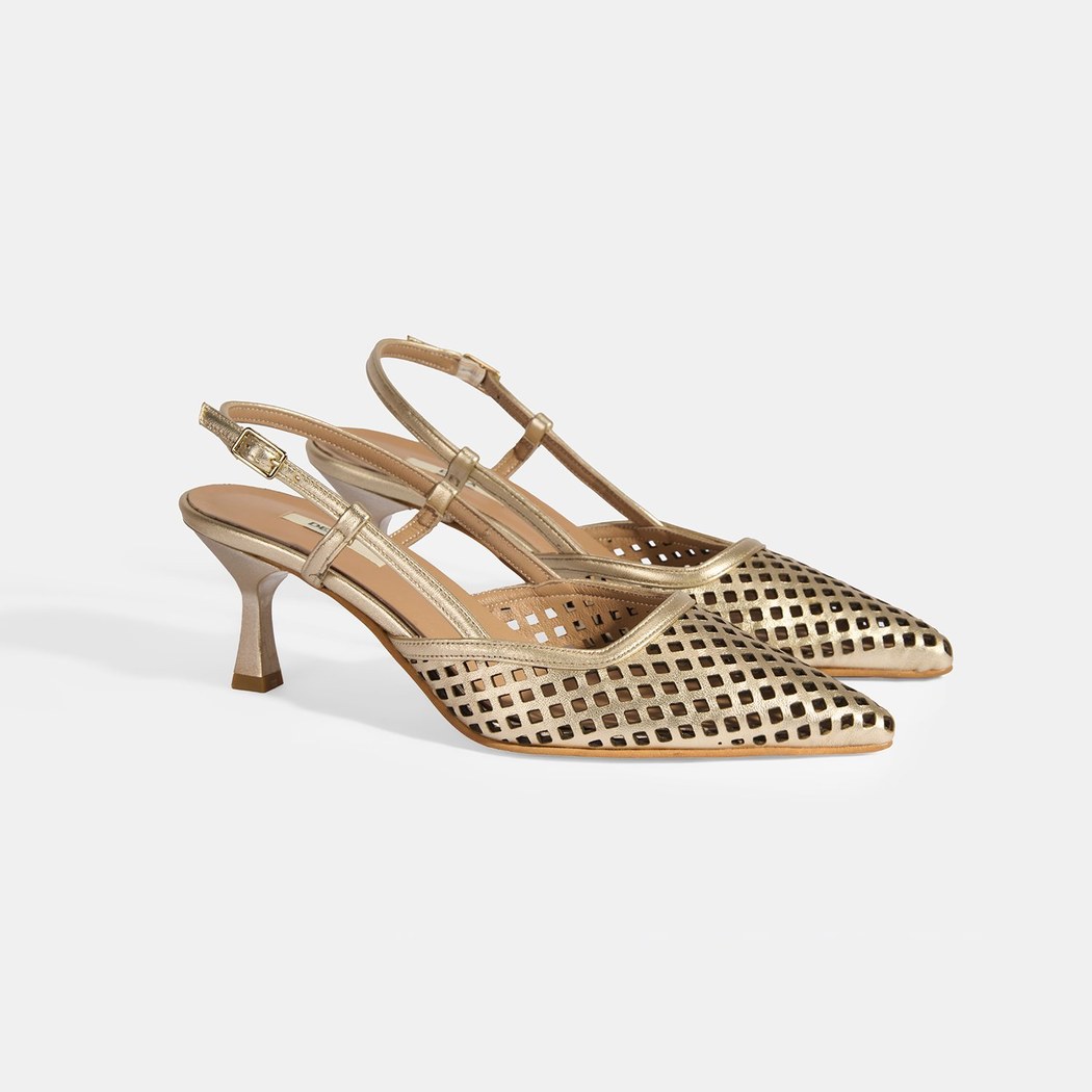 Kadın Perforeli Gold Deri Slingback Ayakkabı