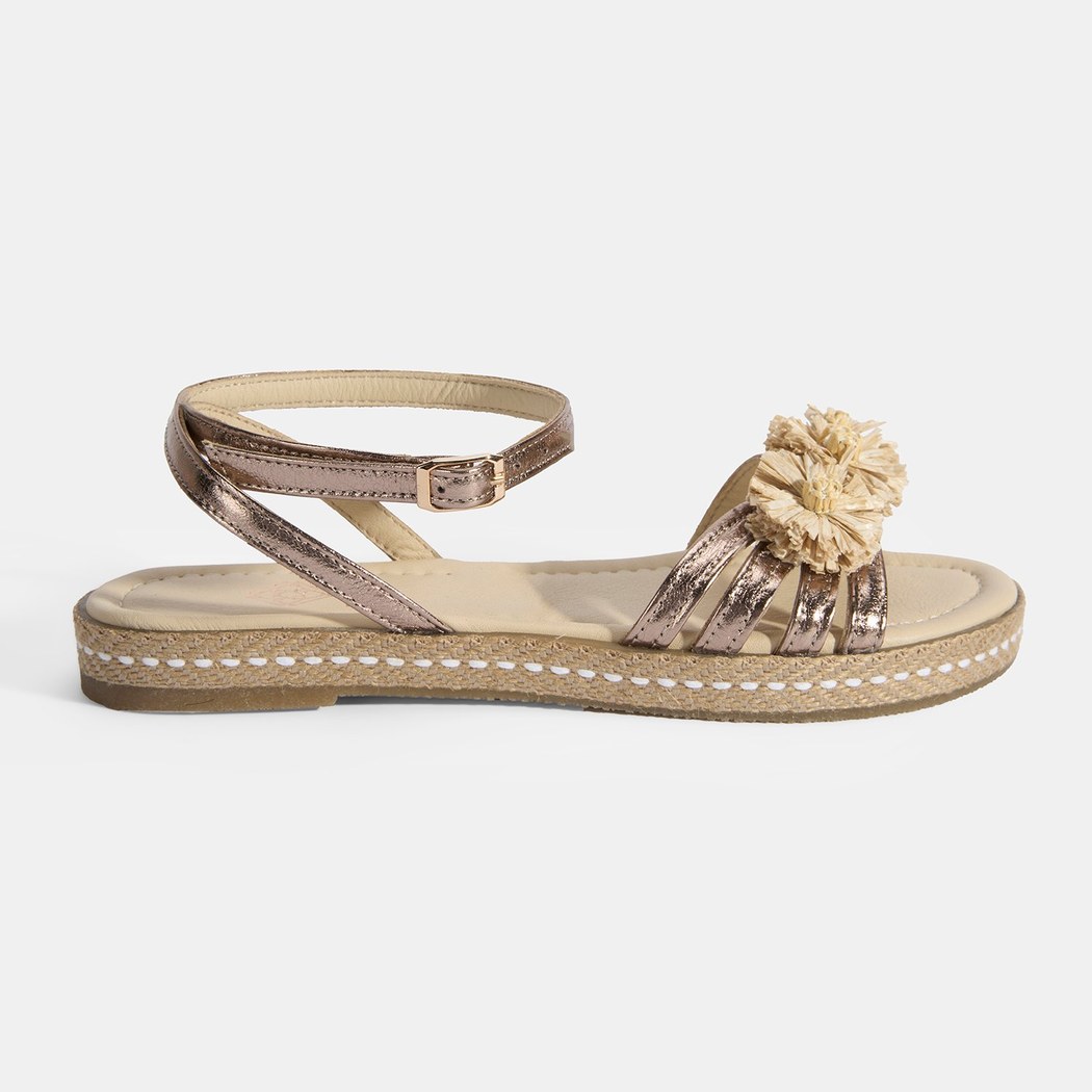 Kadın Platin Ayarlanabilir Tokalı Çiçek Detaylı Metalik Deri Sandalet