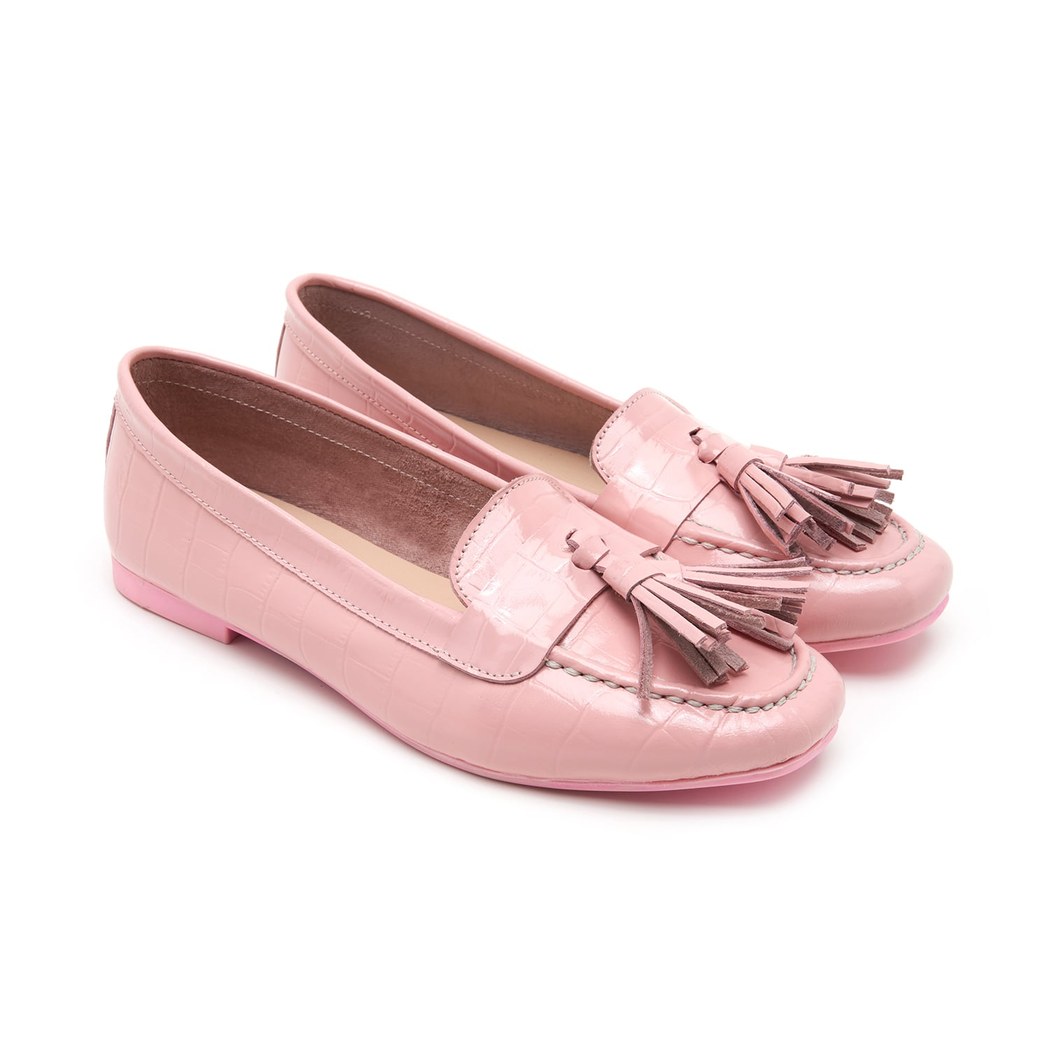 Kadın Pudra Kroko Baskılı Deri Loafer