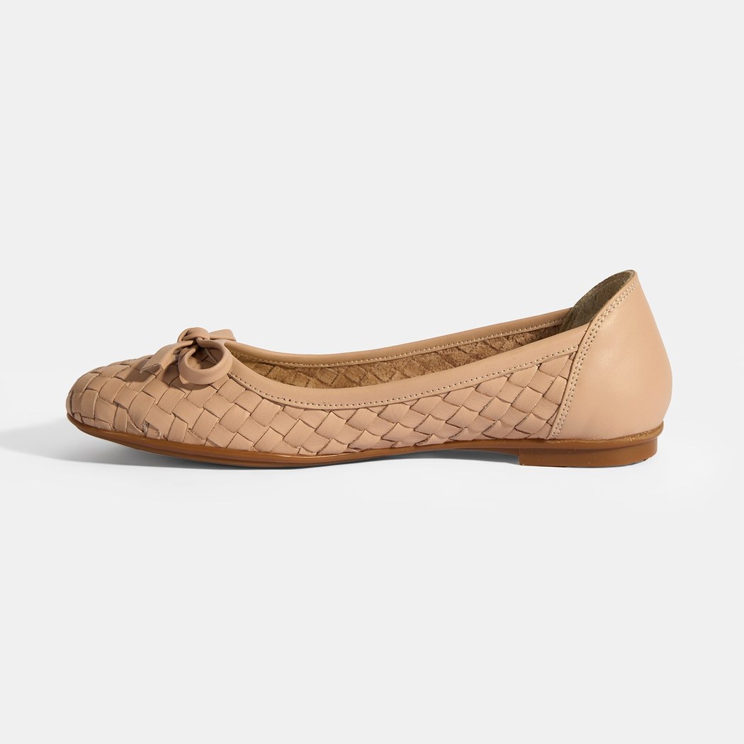 Kadın Pudra Örgü Detaylı Fiyonklu Deri Babet