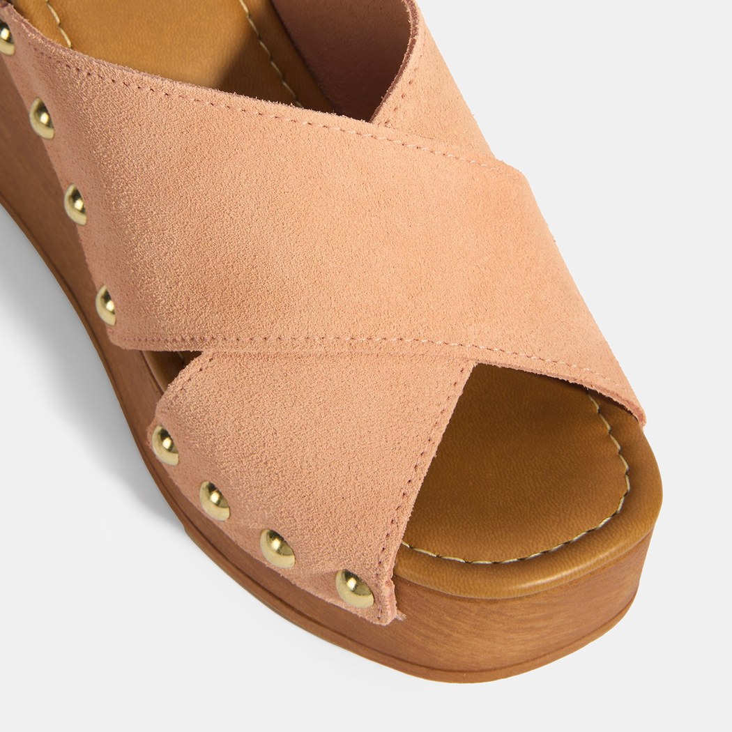 Kadın Pudra Zımba Detaylı Süet Dolgu Topuklu Terlik