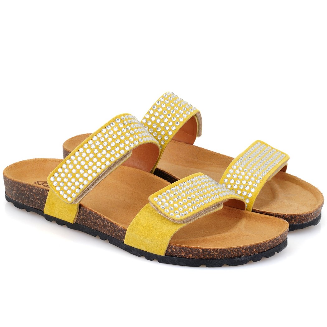 Kadın Sarı Cırt Cırtlı Süet Deri Terlik