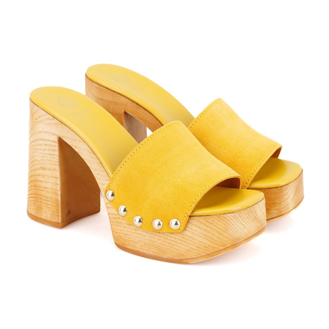 Kadın Sarı Platform Topuklu Süet Deri Terlik
