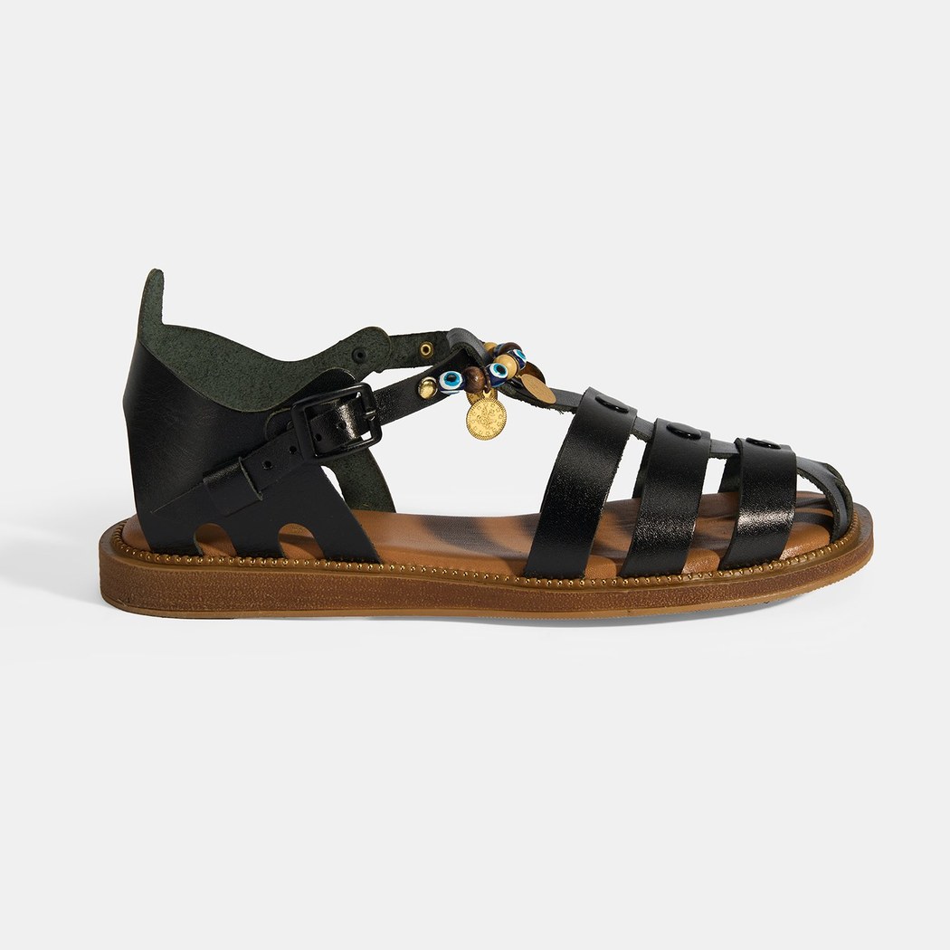 Kadın Siyah Aksesuar Detaylı Ayarlanabilir Tokalı Deri Sandalet