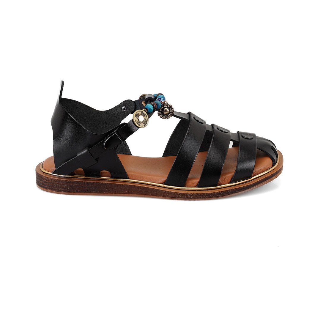 Kadın Siyah Aksesuar Detaylı Deri Sandalet