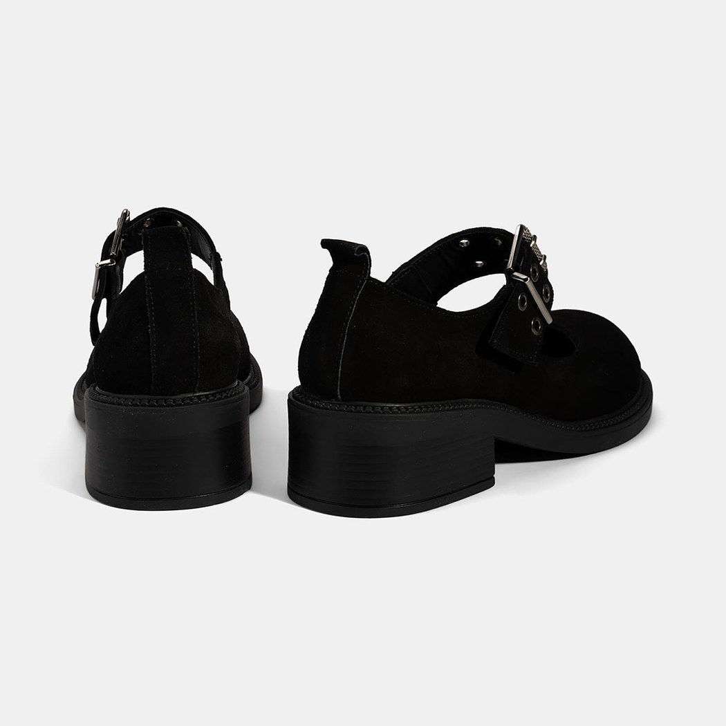 Kadın Siyah Ayarlanabilir Metal Tokalı Mary Jane Süet Ayakkabı