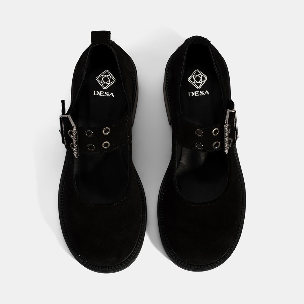 Kadın Siyah Ayarlanabilir Metal Tokalı Mary Jane Süet Ayakkabı