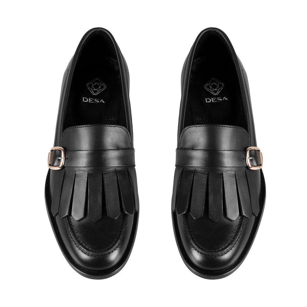 Kadın Siyah Ayarlanabilir Tokalı Deri Loafer