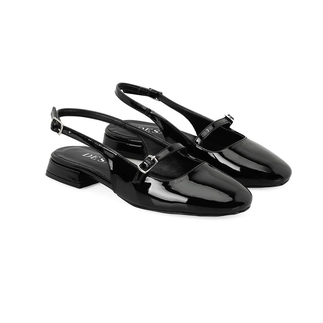 Kadın Siyah Ayarlanabilir Tokalı Deri Babet