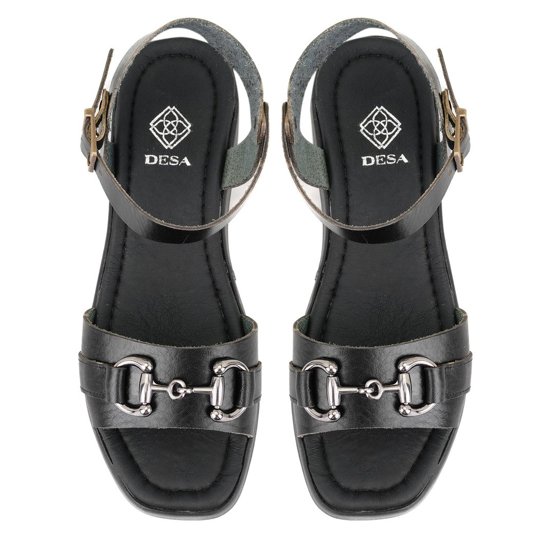 Kadın Siyah Ayarlanabilir Tokalı Deri Sandalet