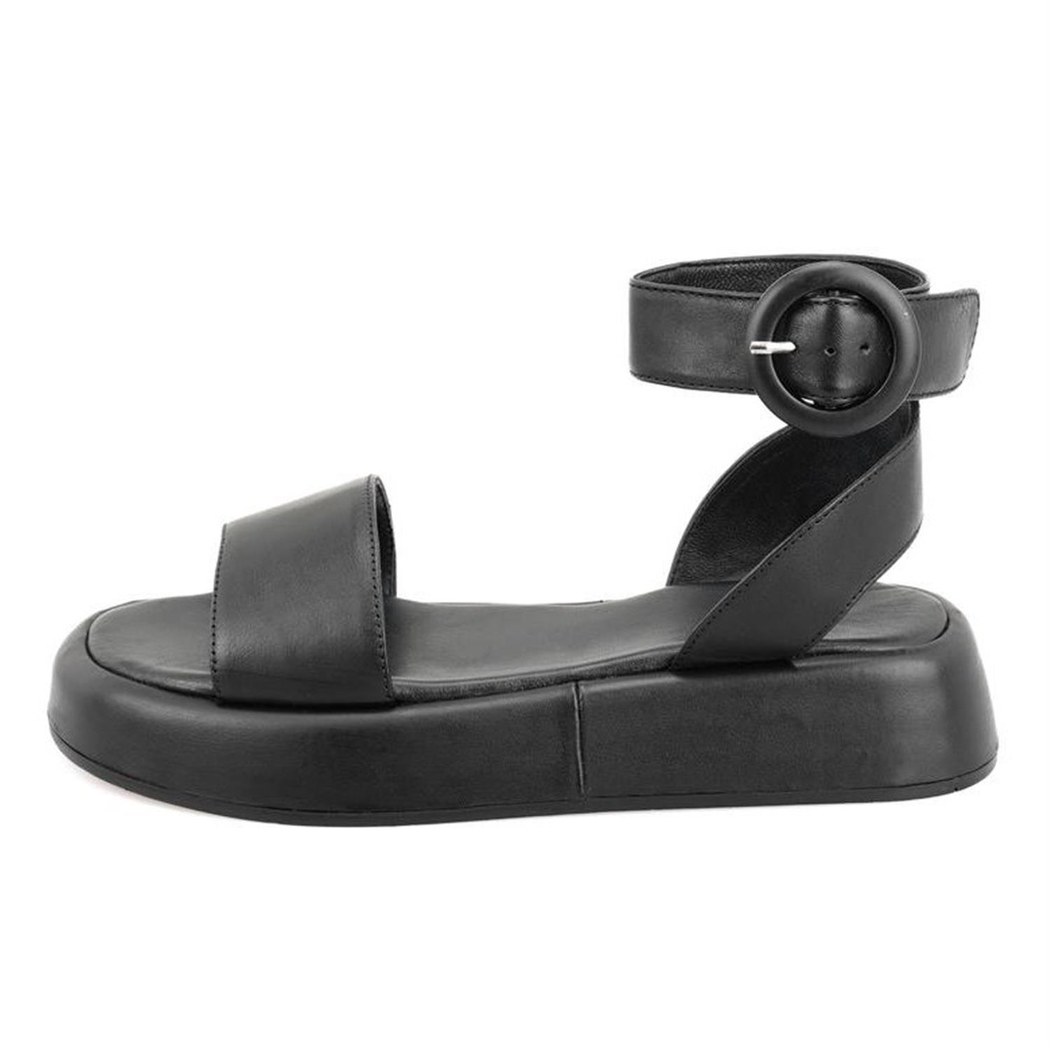 Kadın Siyah Ayarlanabilir Tokalı Deri Sandalet