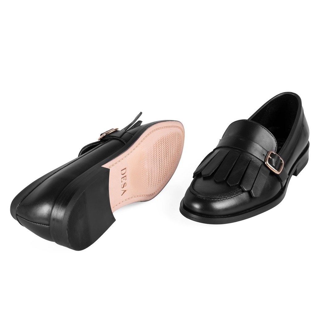 Kadın Siyah Ayarlanabilir Tokalı Deri Loafer