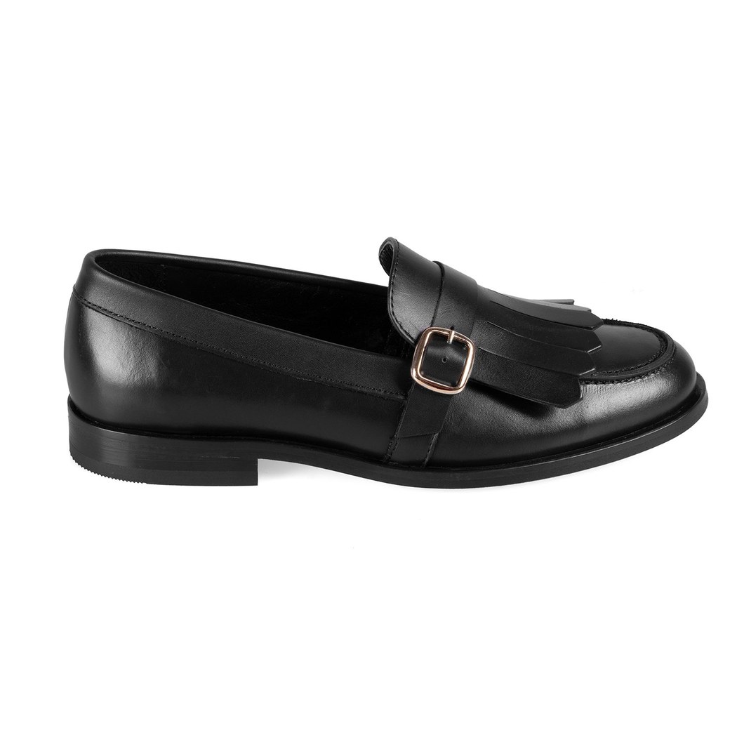 Kadın Siyah Ayarlanabilir Tokalı Deri Loafer