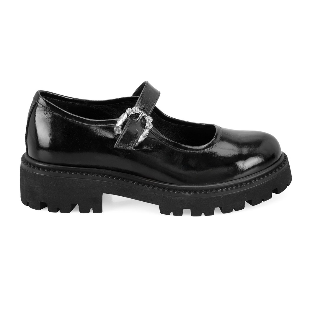 Kadın Siyah Ayarlanabilir Tokalı Deri Günlük Ayakkabı