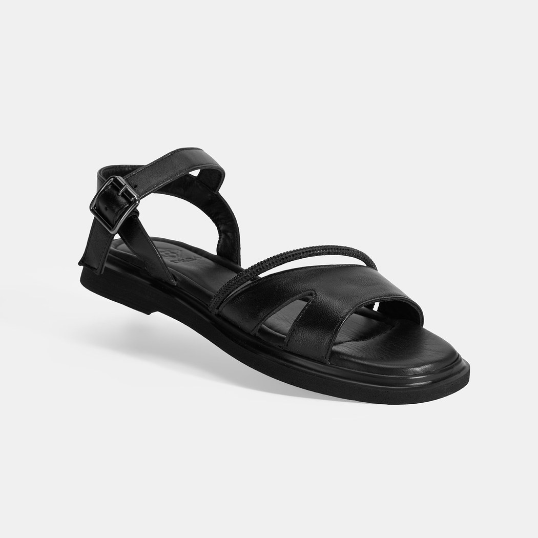 Kadın Siyah Ayarlanabilir Tokalı Taş Detaylı Deri Sandalet