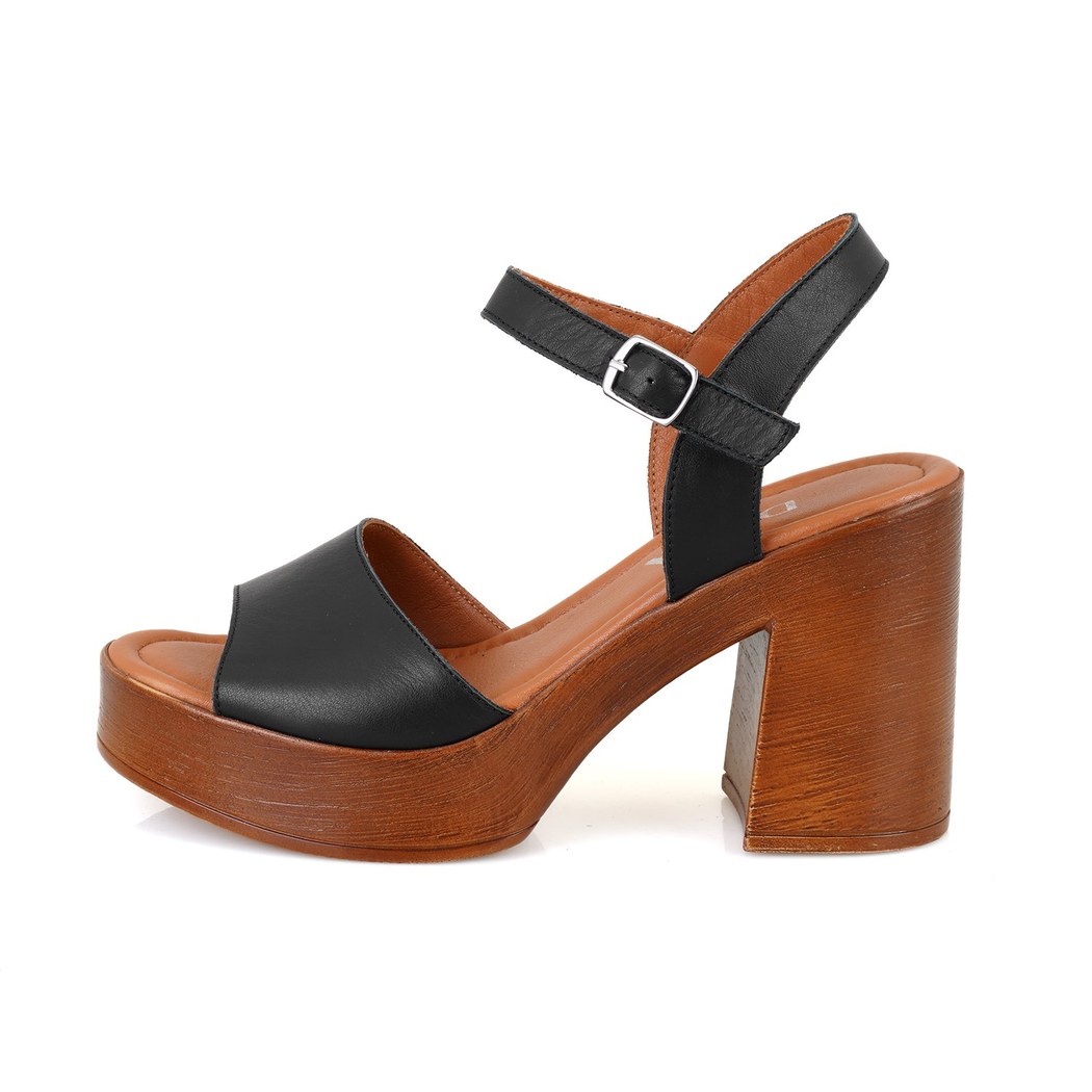 Kadın Siyah Ayarlanabilir Tokalı Topuklu Deri Sandalet