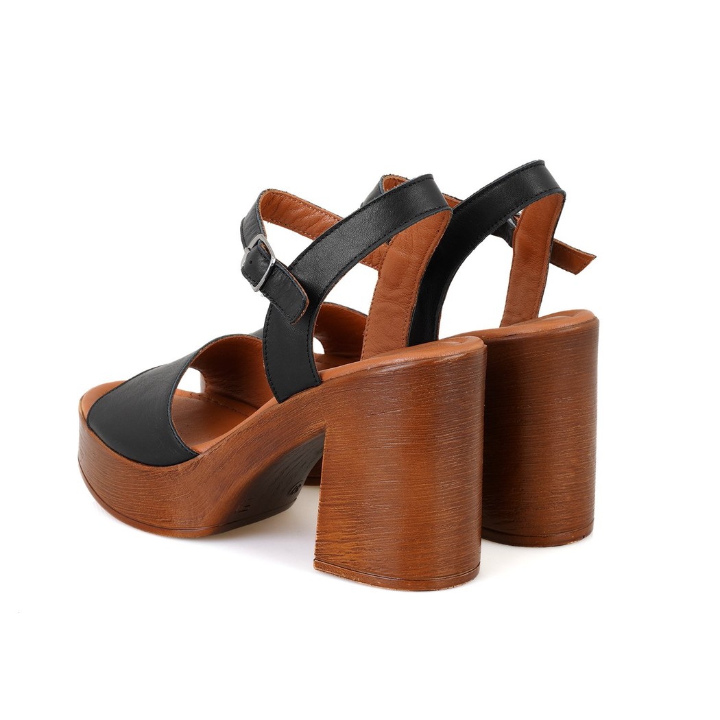 Kadın Siyah Ayarlanabilir Tokalı Topuklu Deri Sandalet