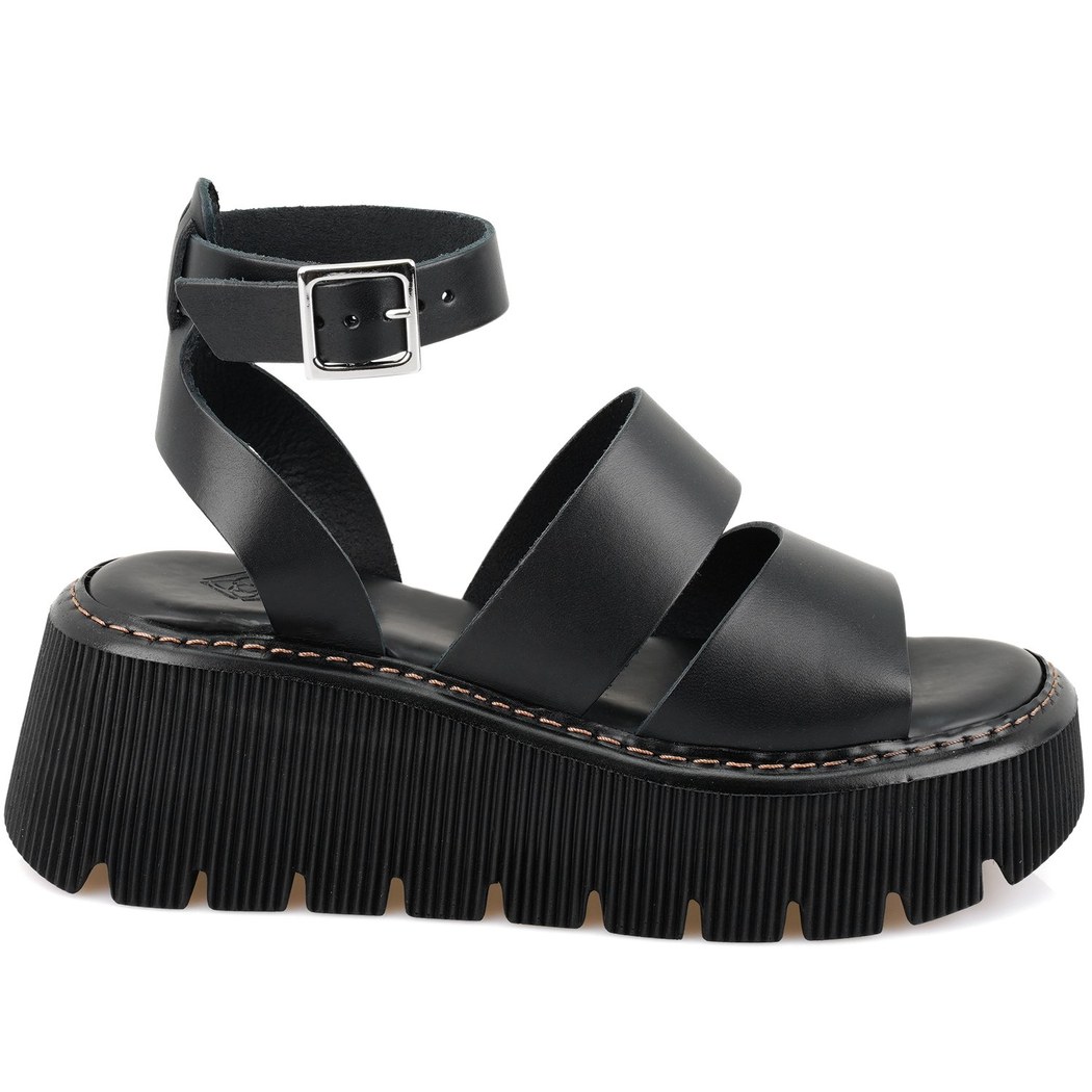 Kadın Siyah Dolgu Tabanlı Deri Sandalet