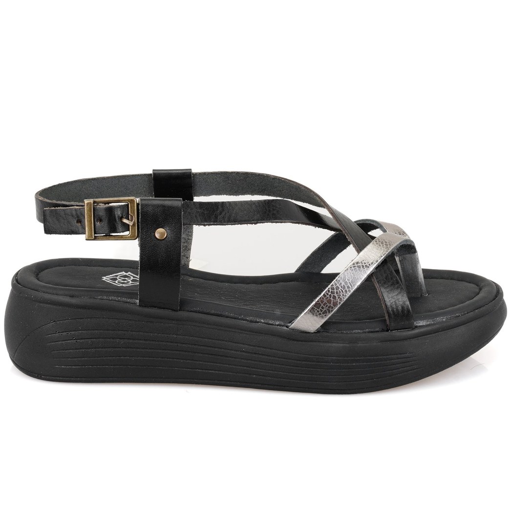 Kadın Siyah Dolgu Tabanlı Deri Sandalet