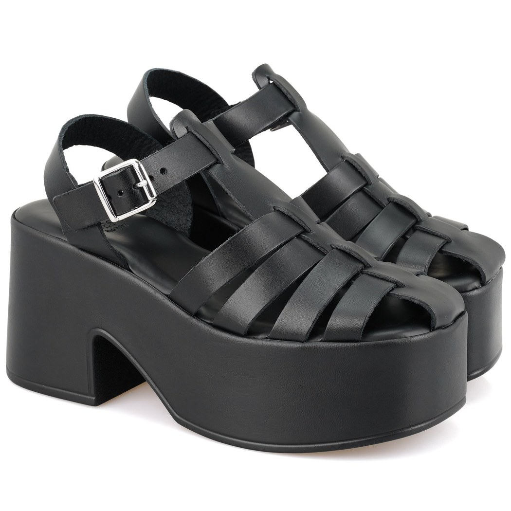 Kadın Siyah Dolgu Topuklu Deri Sandalet