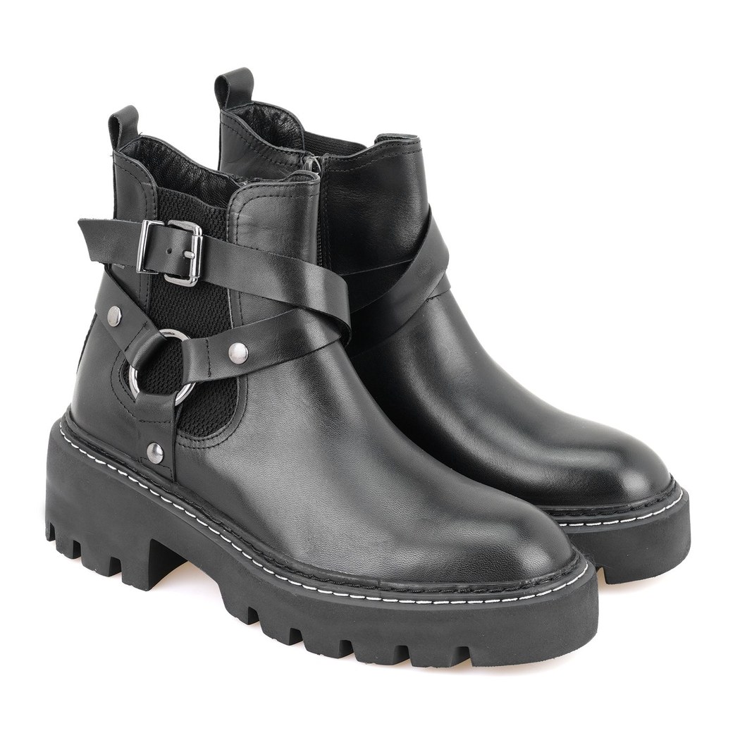 Kadın Siyah Fermuarlı Deri Bot