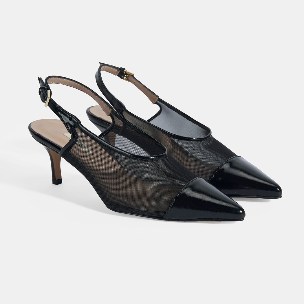 Kadın Siyah Fileli Ayarlanabilir Tokalı Rugan Topuklu Klasik Ayakkabı