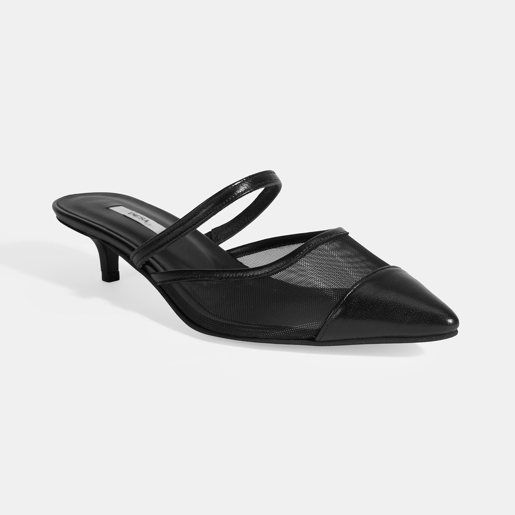 Kadın Siyah Fileli Deri Topuklu Terlik