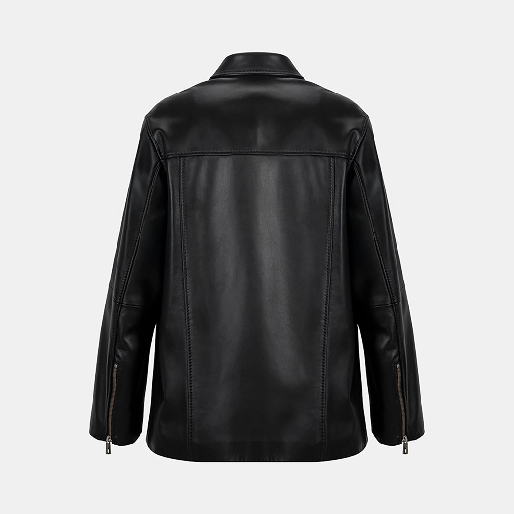 Kadın Siyah Gömlek Yakalı Deri Ceket