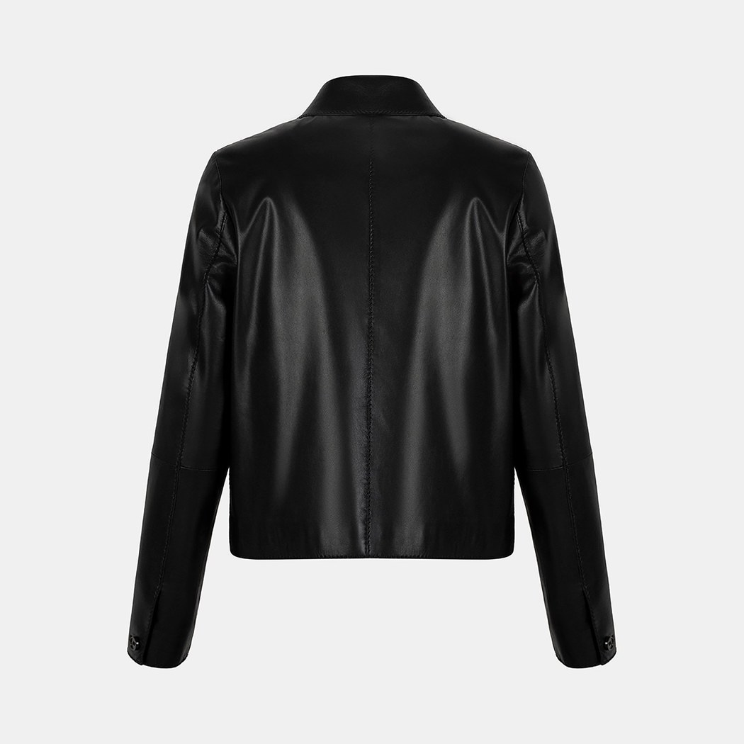 Kadın Siyah Gömlek Yakalı Düğmeli Kısa Deri Ceket