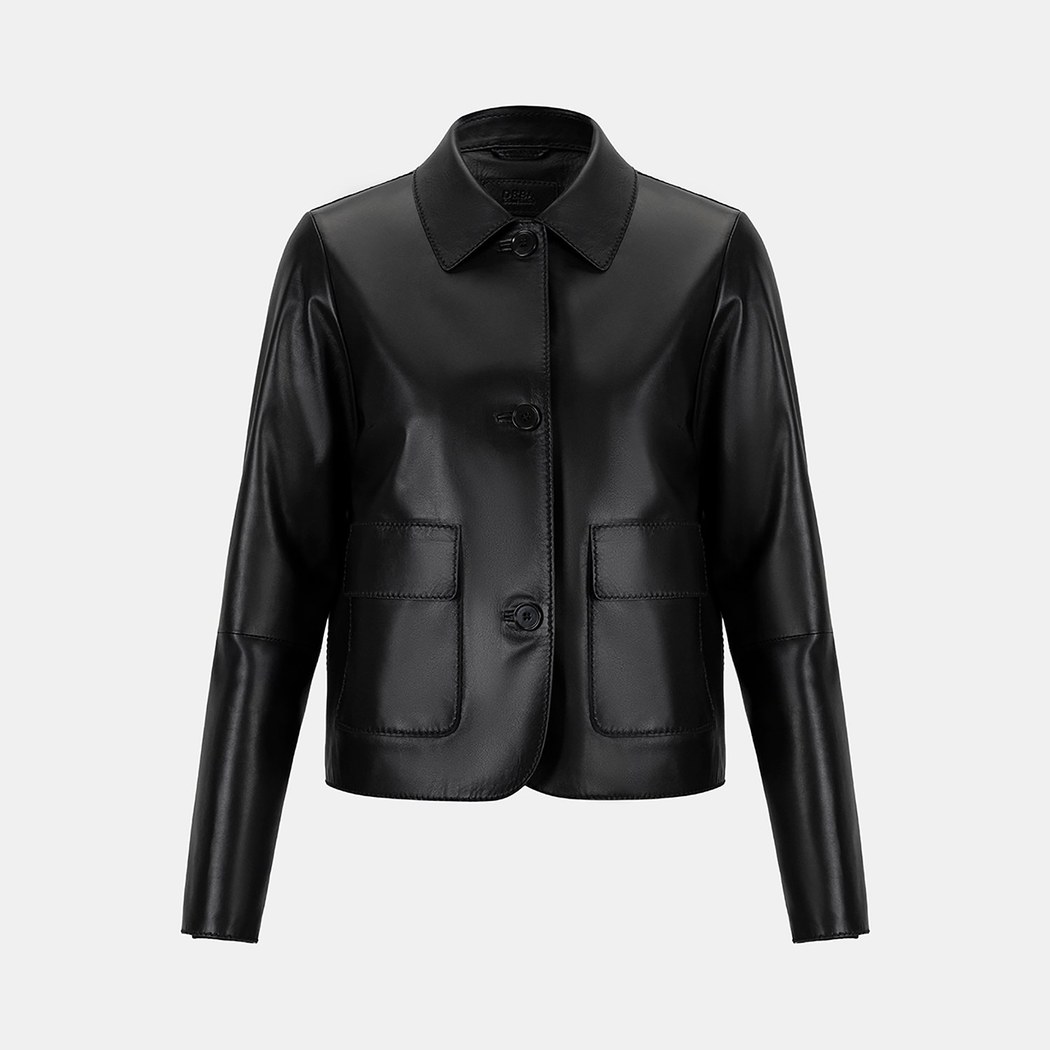 Kadın Siyah Gömlek Yakalı Düğmeli Kısa Deri Ceket