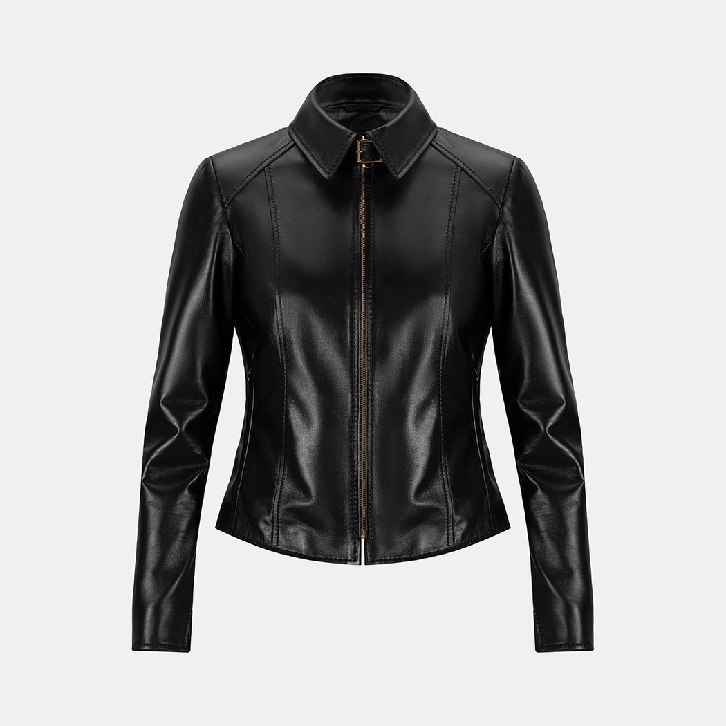 Kadın Siyah Gömlek Yakalı Fit Deri Ceket