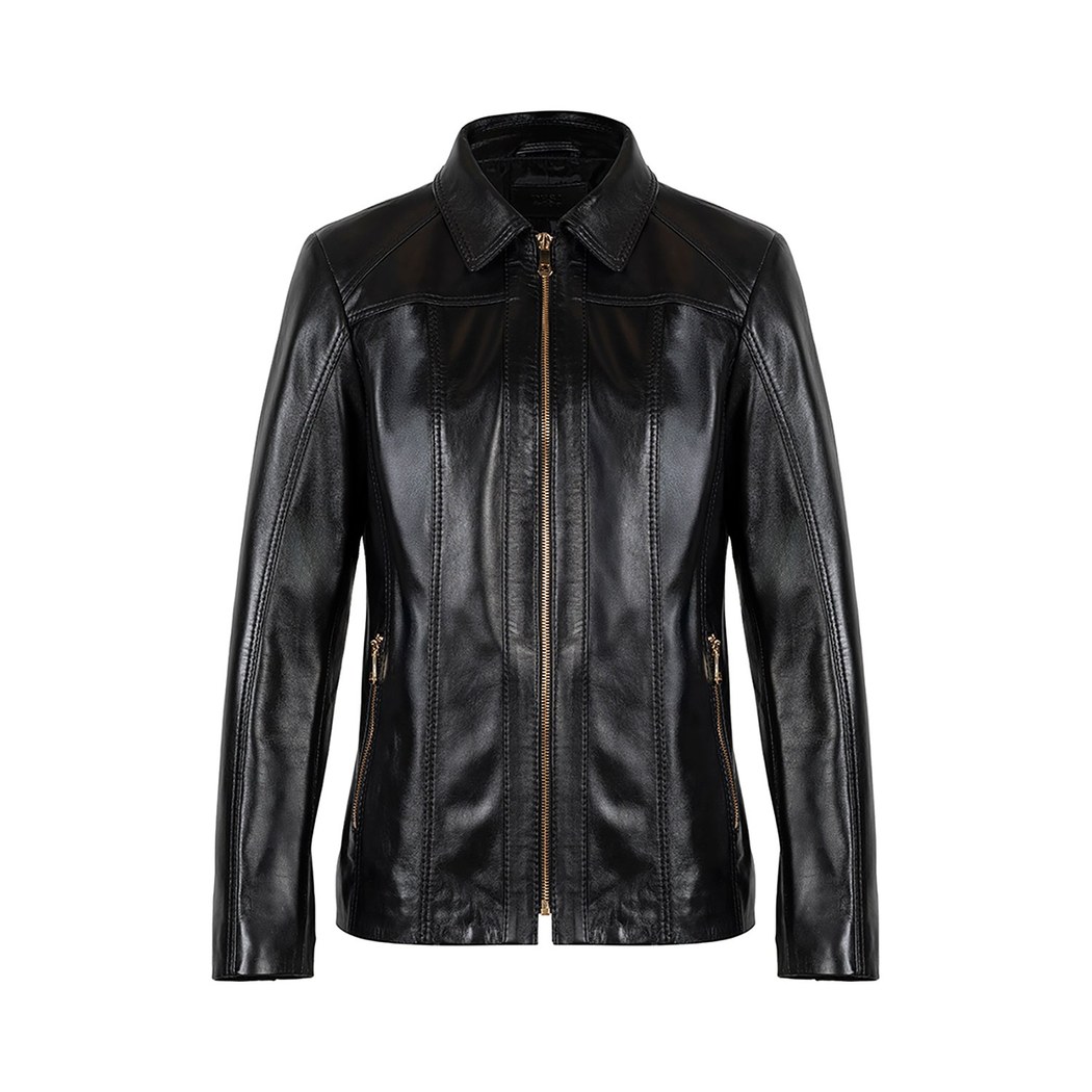 Kadın Siyah Gömlek Yakalı Fit Deri Ceket