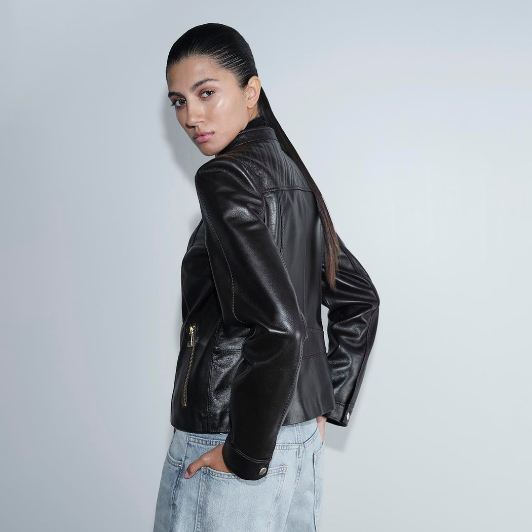 Kadın Siyah Hakim Yakalı Fit Deri Ceket