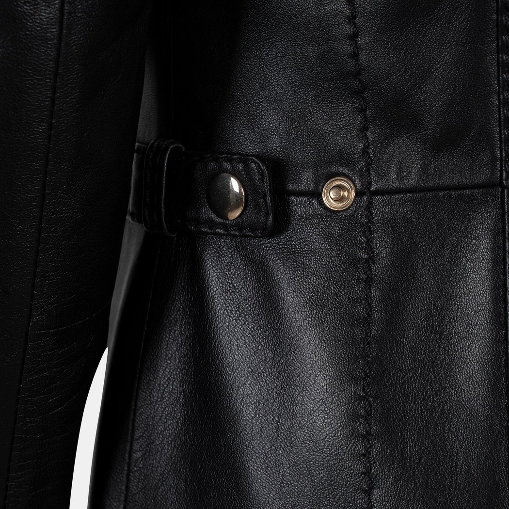 Kadın Siyah Hakim Yakalı Kapüşonlu Deri Kaban