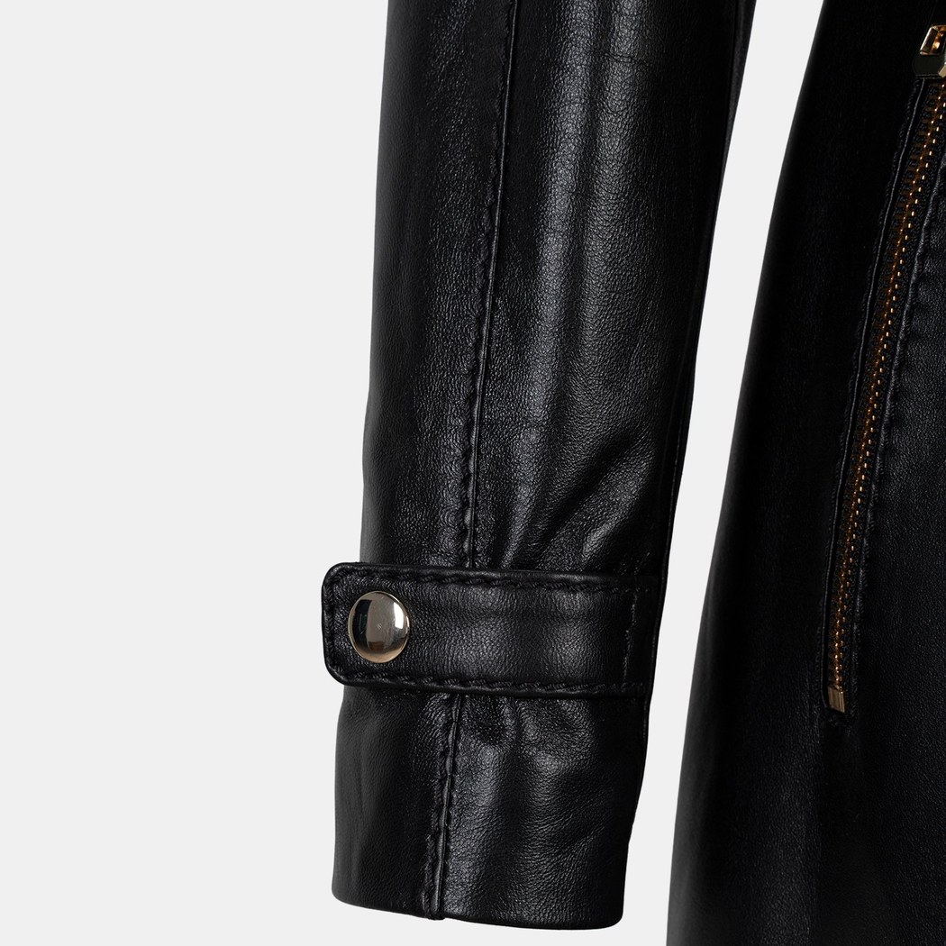 Kadın Siyah Hakim Yakalı Kapüşonlu Deri Kaban