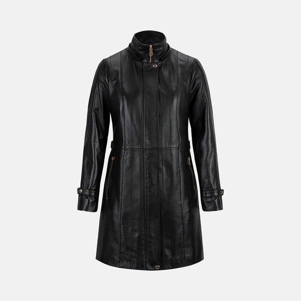 Kadın Siyah Hakim Yakalı Kapüşonlu Deri Kaban