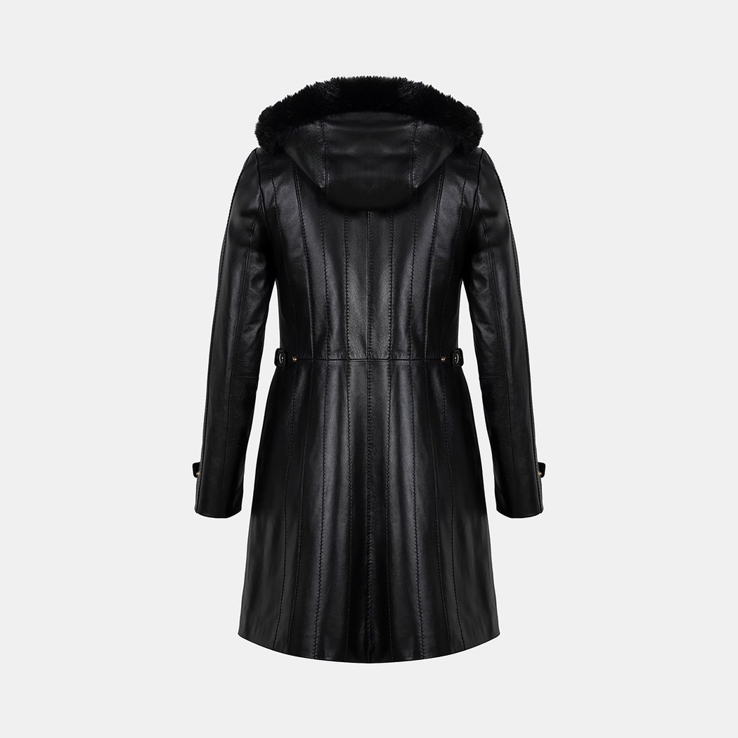 Kadın Siyah Hakim Yakalı Kapüşonlu Deri Kaban