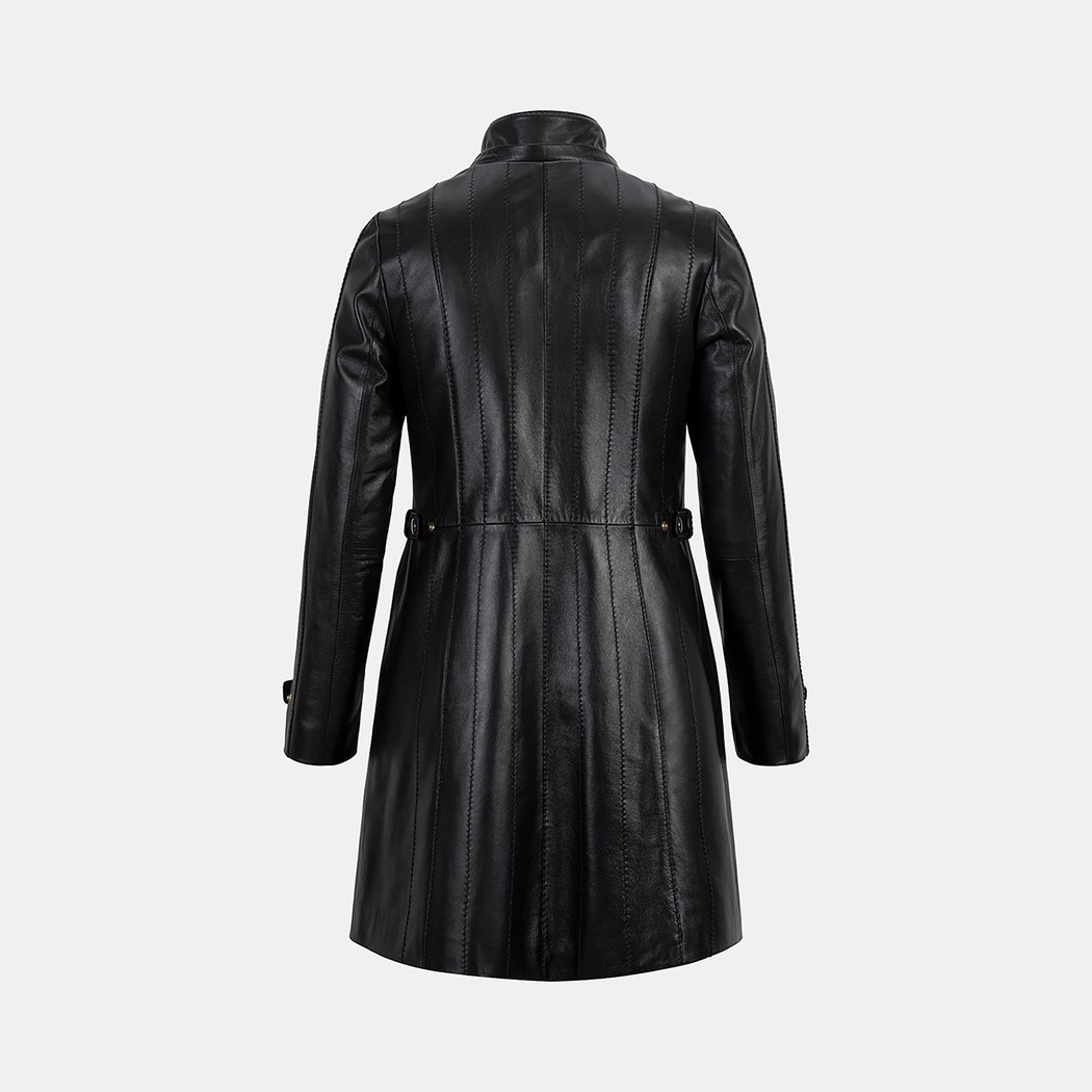 Kadın Siyah Hakim Yakalı Kapüşonlu Deri Kaban