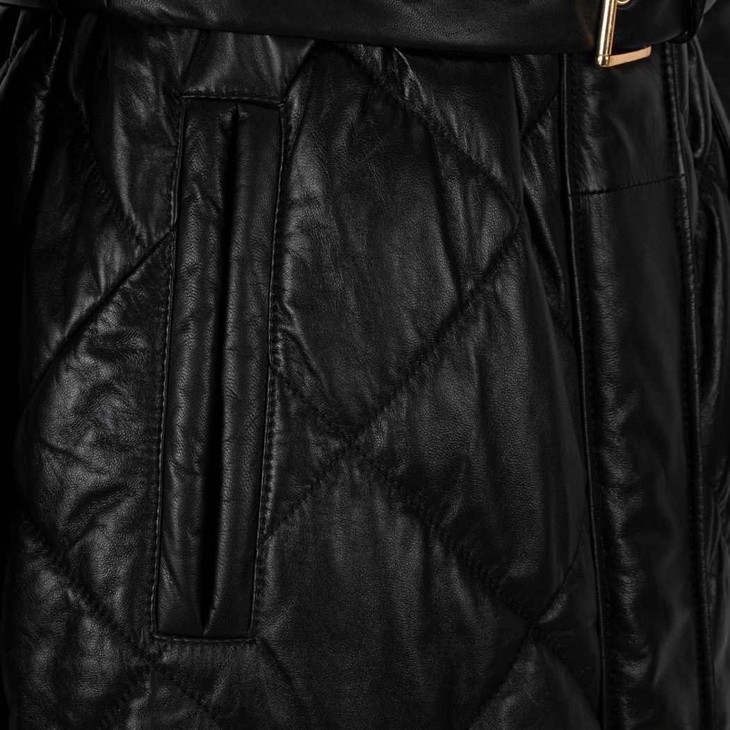 Kadın Siyah Hakim Yakalı Kapüşonlu Deri Mont