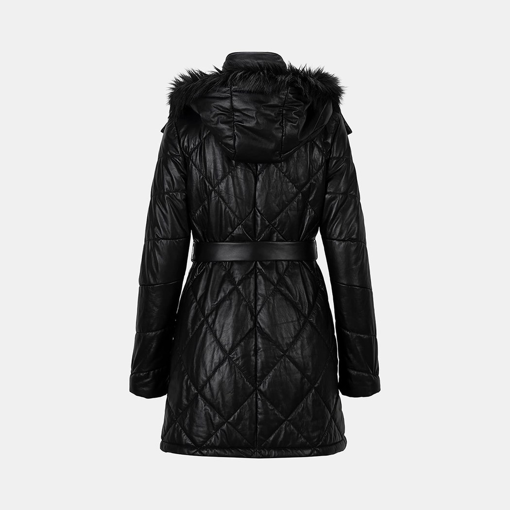 Kadın Siyah Hakim Yakalı Kapüşonlu Deri Mont