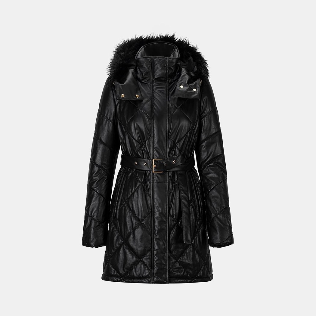 Kadın Siyah Hakim Yakalı Kapüşonlu Deri Mont