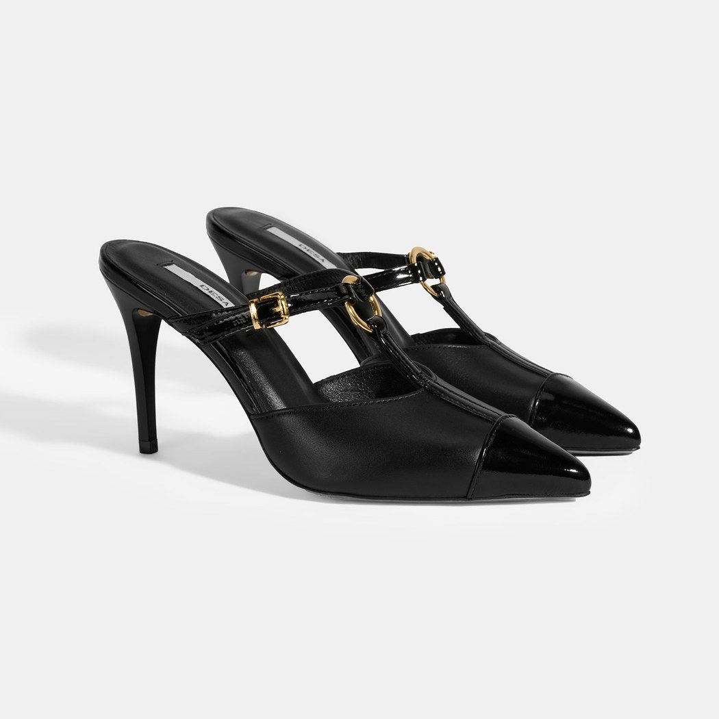 Kadın Siyah Halka Aksesuarlı Deri Abiye Topuklu Terlik