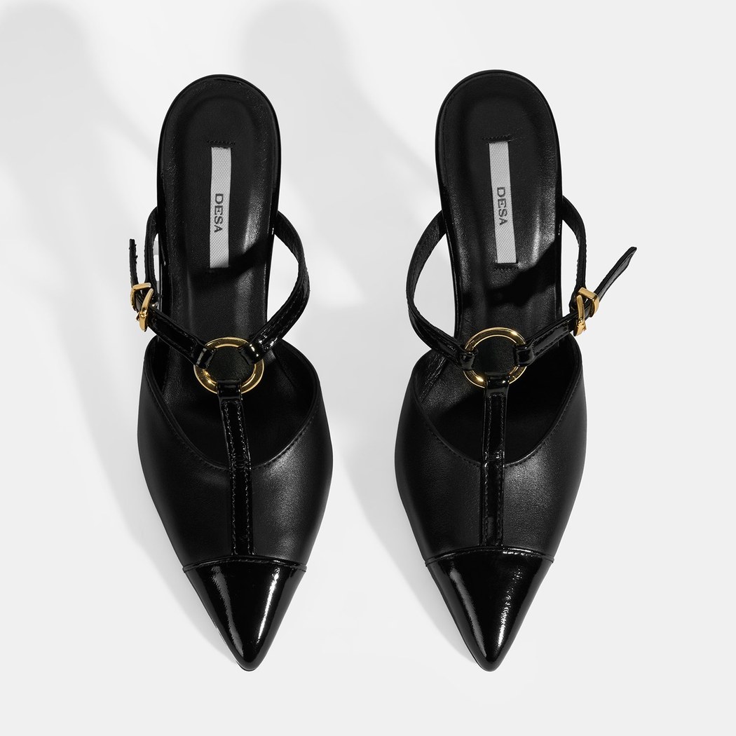 Kadın Siyah Halka Aksesuarlı Deri Abiye Topuklu Terlik