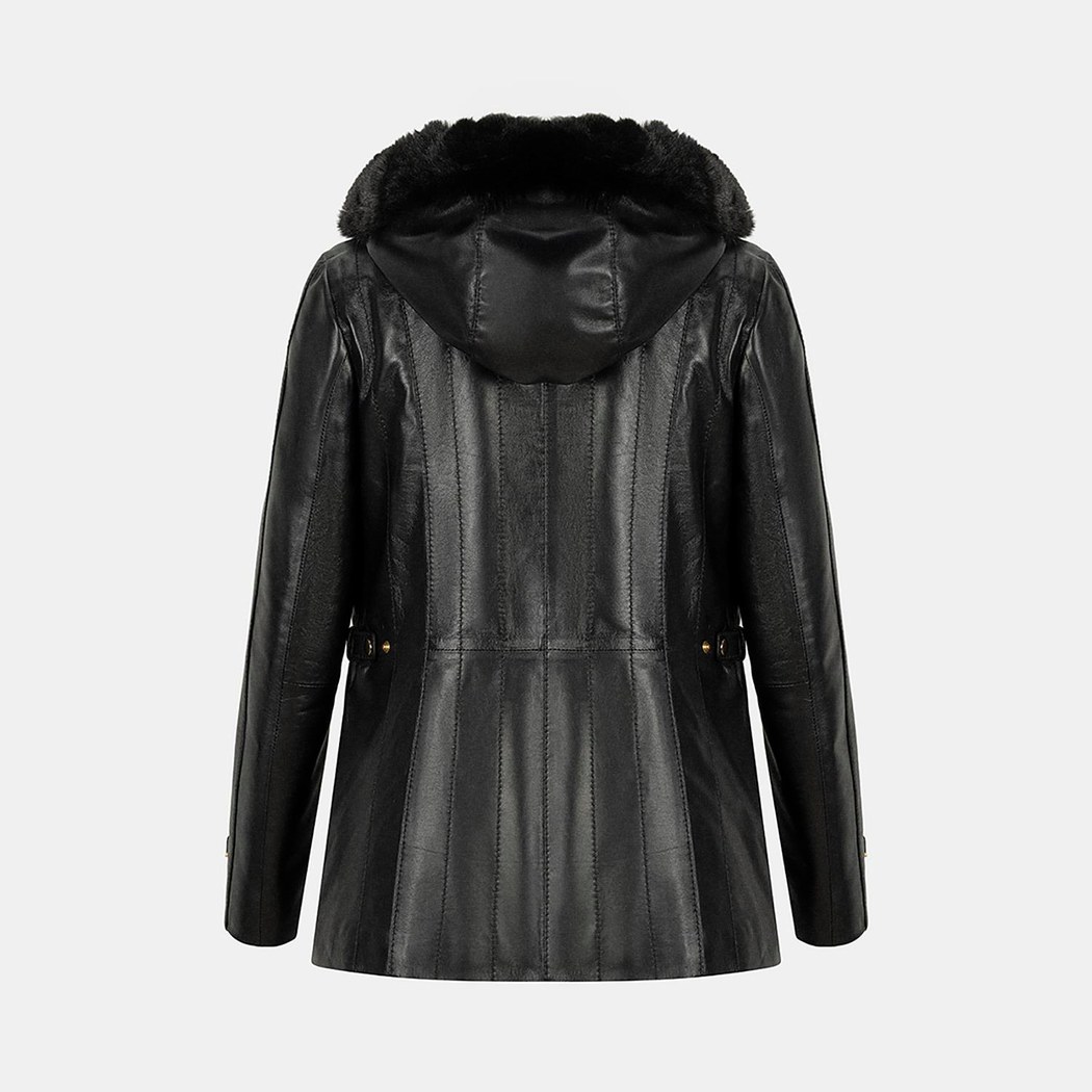 Kadın Siyah Kapüşonlu Deri Mont