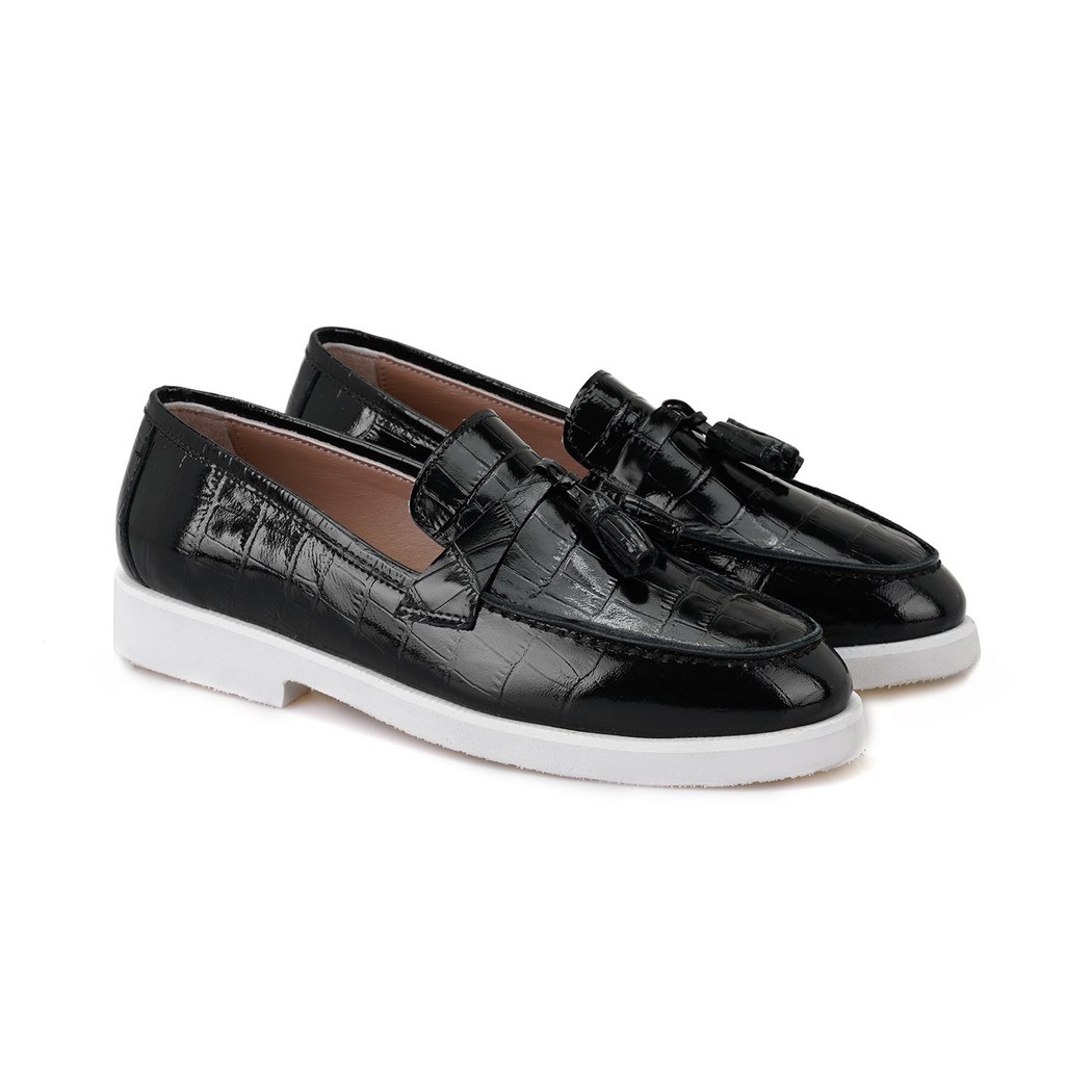 Kadın Siyah Kroko Baskılı Deri Loafer